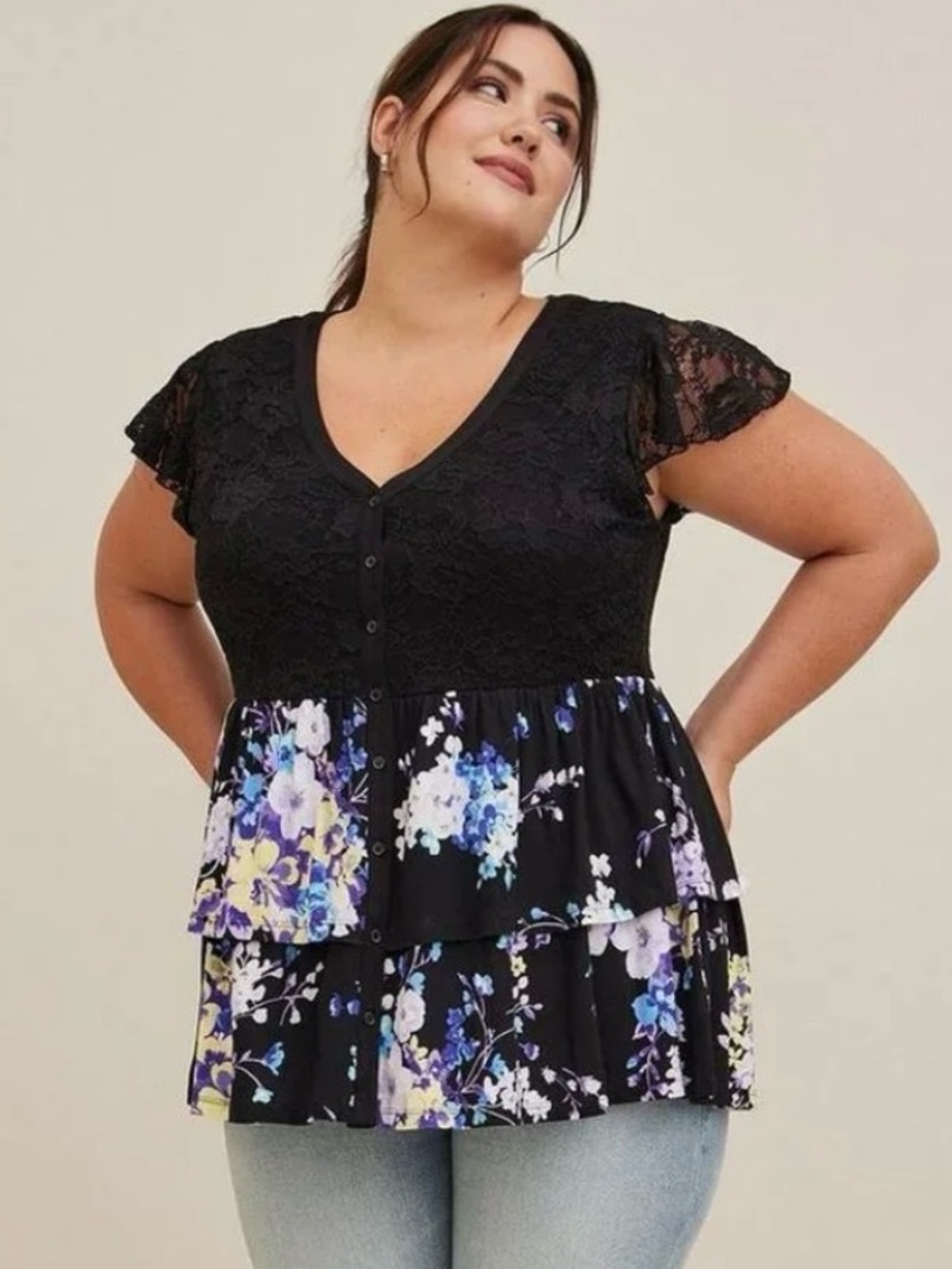 Torrid Super Soft V-Neck Lace Bodice Tiered Babydoll Top Size 2X Black Floral